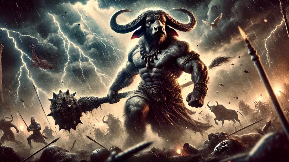 Mahishasura, the buffalo demon from Hindu mythology, shown in his powerful and fearsome form. He is portrayed with a muscular human body and the head of a fierce buffalo, wielding a heavy mace