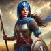 Mai Bhago, the Sikh warrior, shown as a brave and determined figure. She is dressed in traditional Sikh attire, including a blue chola, steel breastplate, and a turban adorned with a khanda symbol. Mai Bhago is holding a spear in one hand and a shield in the other, standing confidently on a battlefield