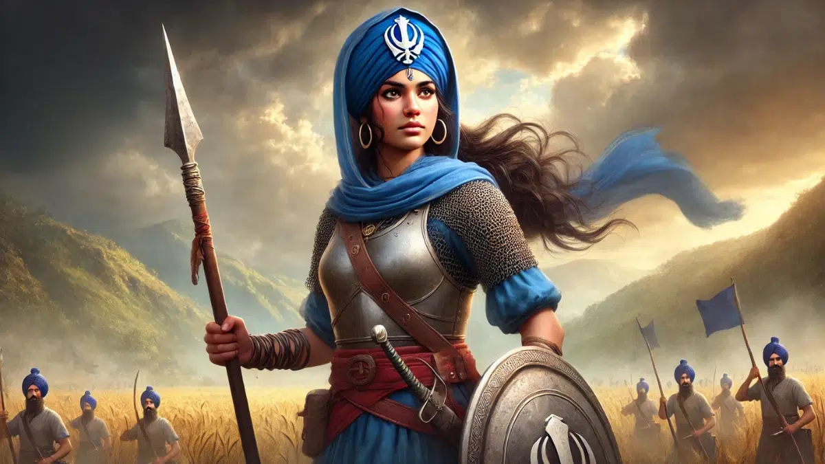 Mai Bhago, the Sikh warrior, shown as a brave and determined figure. She is dressed in traditional Sikh attire, including a blue chola, steel breastplate, and a turban adorned with a khanda symbol. Mai Bhago is holding a spear in one hand and a shield in the other, standing confidently on a battlefield