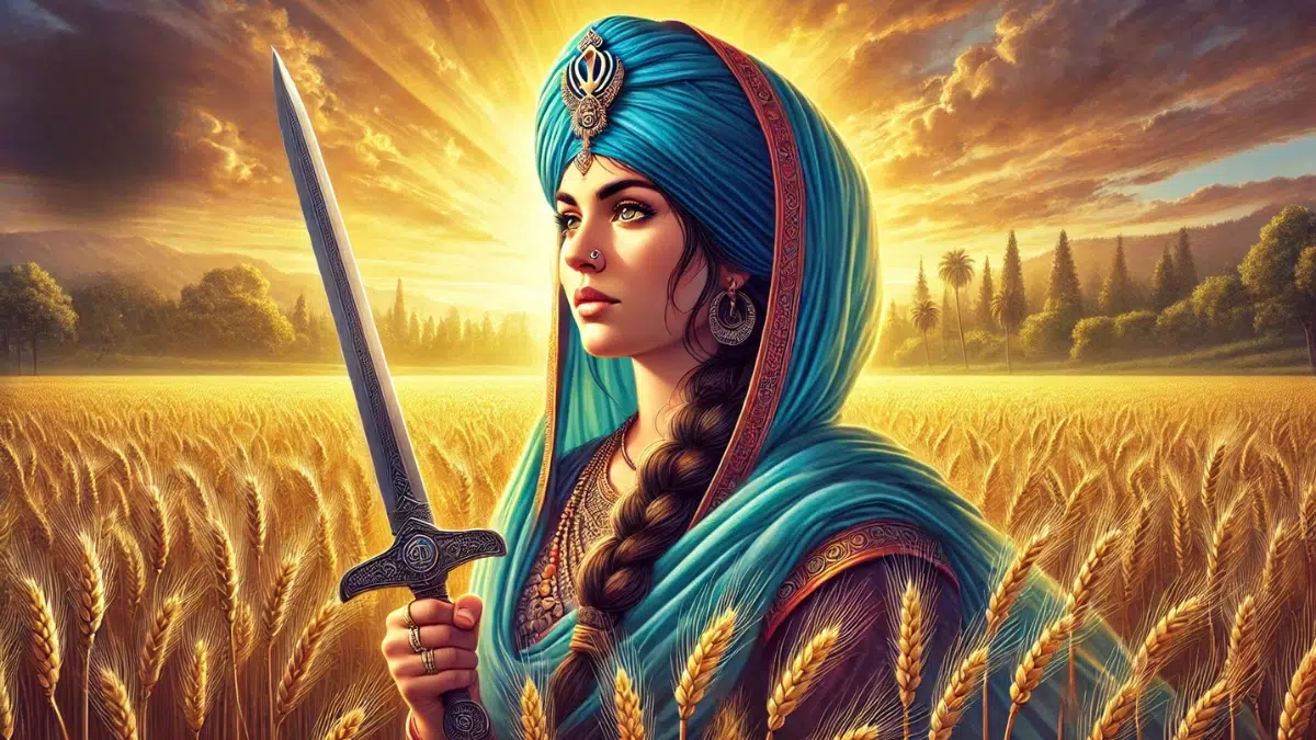 Mai Bhago, a revered figure in Sikh spirituality, set against a serene background of golden fields at sunrise. She wears traditional Sikh warrior attire with a blue turban, holding a sword with grace and strength. Her expression exudes deep commitment, embodying the principles of equality, justice, and service