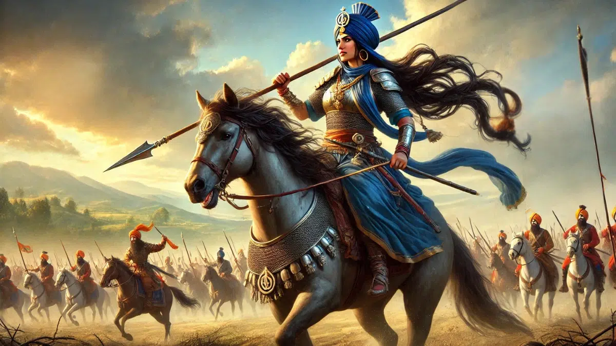 Mai Bhago, the Sikh warrior and spiritual leader, set in 18th-century Punjab. Mai Bhago is shown on horseback, dressed in traditional Sikh attire with a flowing blue chola, a steel breastplate, and a turban adorned with a khanda symbol. She wields a spear confidently while leading a group of Sikh warriors into battle. The background features a dramatic battlefield scene with rolling hills and the golden glow of the setting sun