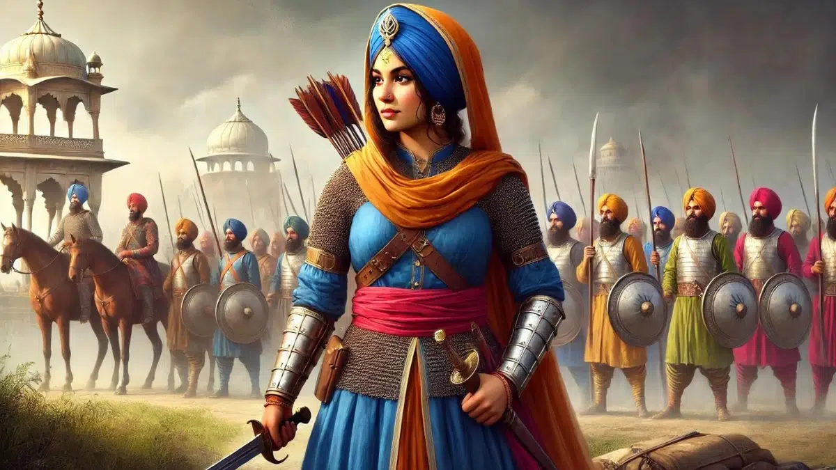 Mai Bhago, a Sikh warrior woman from 1705, standing confidently in traditional Sikh warrior attire. She wears a turban, a long tunic (chola), and protective arm and leg guards. She holds a sword and shield, ready for battle. The background features a battlefield with Sikh soldiers and Mughal forces, reflecting her leadership and bravery in combat. The image should be realistic and lifelike, capturing the historical and cultural authenticity of 18th-century India.