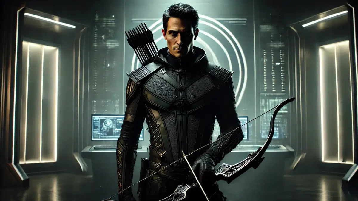 A menacing archer known as Merlyn stands in a shadowy, high-tech lair. He wears a sleek black and dark green outfit with detailed armour, combining stealth and precision. His sharp, calculating gaze exudes deadly skill and ruthless intent. In one hand, he grips a finely crafted bow, while a quiver of lethal arrows rests on his back