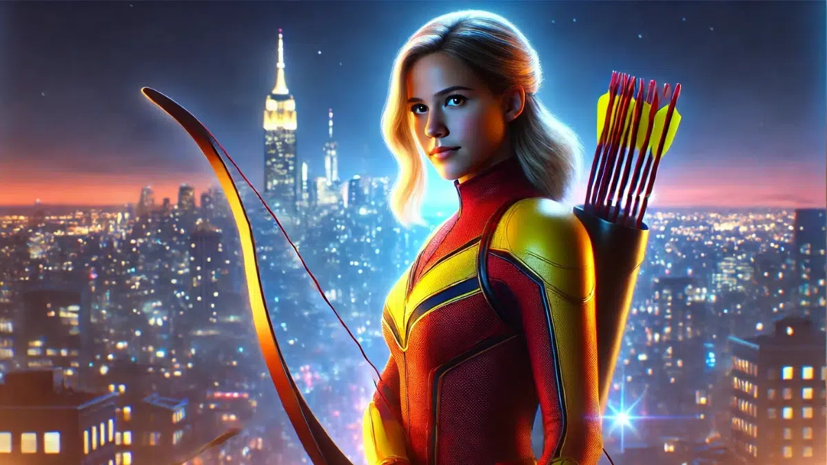 A confident female archer inspired by Mia Dearden, the modern Speedy, stands on a rooftop overlooking a glowing cityscape at twilight. She has blonde hair and wears a sleek red and yellow superhero outfit, blending classic archery elements with a modern design. Her expression is determined and resilient, showcasing her strength and drive to make a difference. In one hand, she holds a finely crafted bow, with a quiver of arrows slung across her back