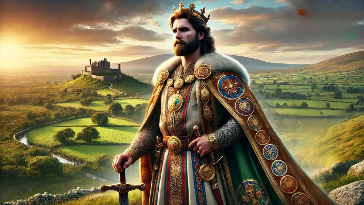 Muirchertach mac Erca, one of Ireland’s great legendary kings. Muirchertach is portrayed standing proudly on a hilltop, clad in traditional Irish kingly attire with a richly decorated cloak, a golden torc, and an ornate sword at his side. His figure exudes authority and charisma, with a backdrop of a sweeping Irish landscape featuring rolling green hills, a distant castle, and a vibrant sky at sunset