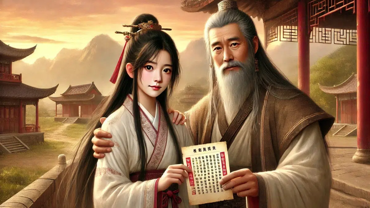 Mulan standing beside her older father dressed in simple clothing but with a determined expression, symbolizing her decision to take her father’s place in the army. The father, an elderly man with a kind yet tired expression, holds a draft notice in his hand