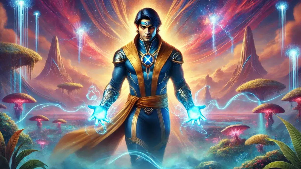 digital fantasy art image of Neal Shaara, also known as Thunderbird, depicted in a heroic pose. He stands in a vibrant, otherworldly setting with glowing plasma energy swirling around his hands, symbolizing his mutant powers. His outfit reflects a fusion of modern superhero aesthetics and subtle Indian cultural elements, with accents of gold and blue