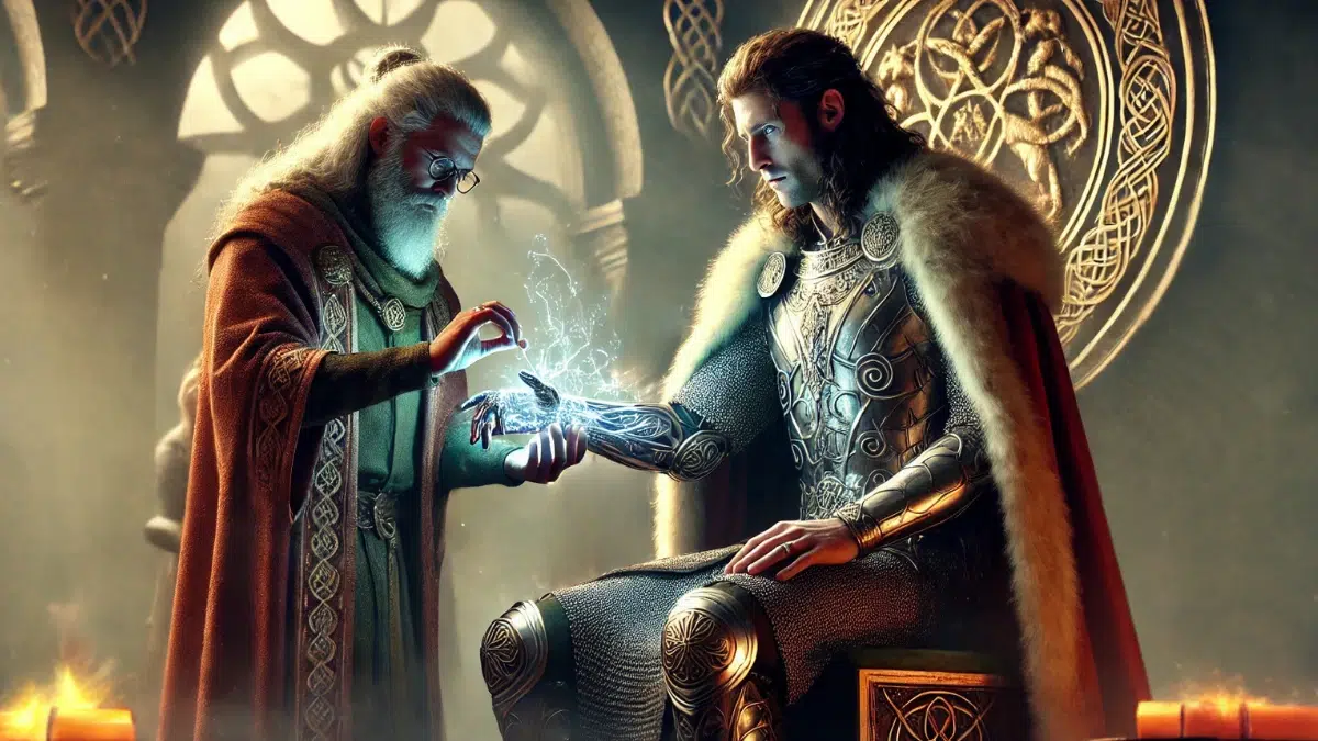 Nuada, the king of the Tuatha Dé Danann, receiving his silver hand crafted by Dian Cécht. The scene shows Nuada seated regally, his arm extended as the skilled healer Dian Cécht attaches the glowing, intricate silver hand