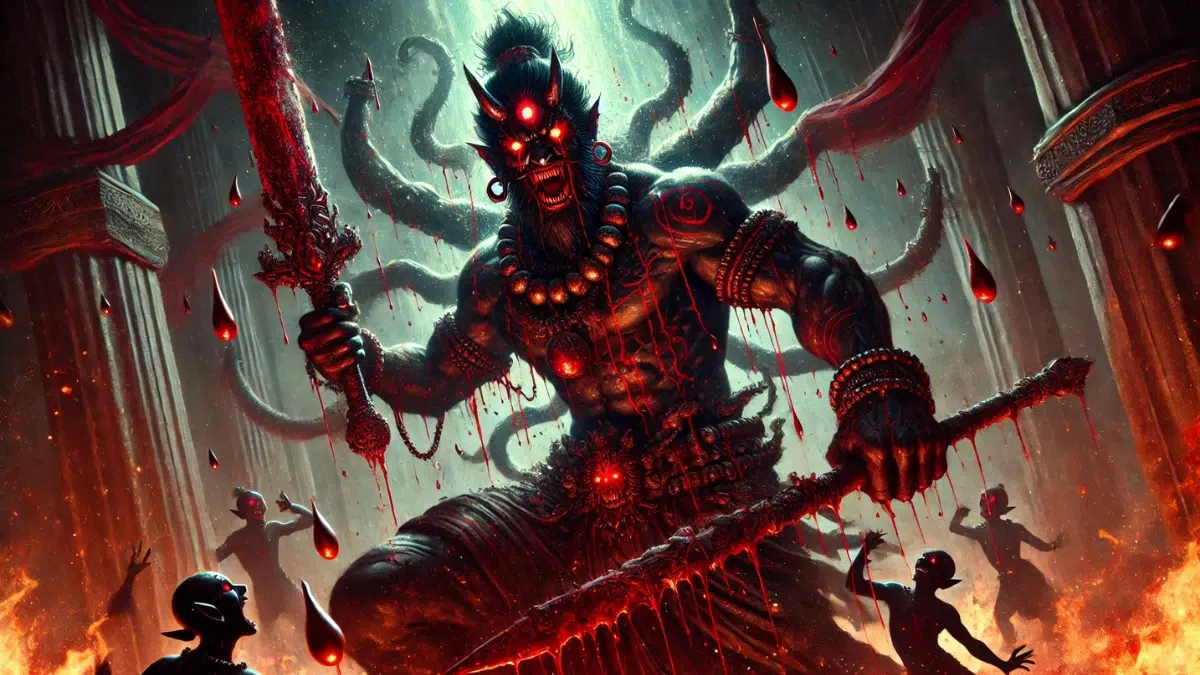 Raktabija, the demon from Hindu mythology known for his unique power. He appears as a tall, muscular figure with dark skin, glowing red eyes, and a menacing expression. He wields a large, blood-stained sword, and drops of blood fall from his body, creating smaller demons at his feet
