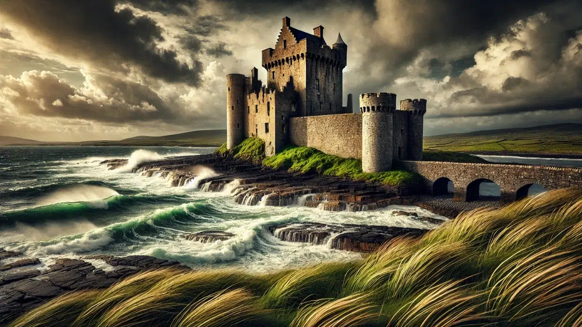 Rockfleet Castle with its towering stone walls, surrounded by crashing waves and windswept grass. The castle is weathered but strong, evoking the resilience of Grace O’Malley, the Pirate Queen of Ireland. The setting is dramatic with a cloudy, stormy sky and hints of sunlight breaking through