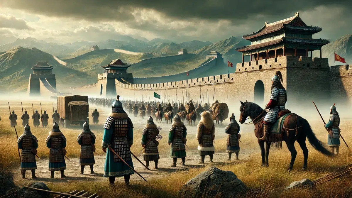 the Northern Wei Dynasty in ancient China, with its fortified borders near the Great Wall. The scene includes Chinese soldiers standing guard with traditional armour and weapons, protecting a village. Beyond the wall, a vast grassy plain is visible, populated by nomadic warriors