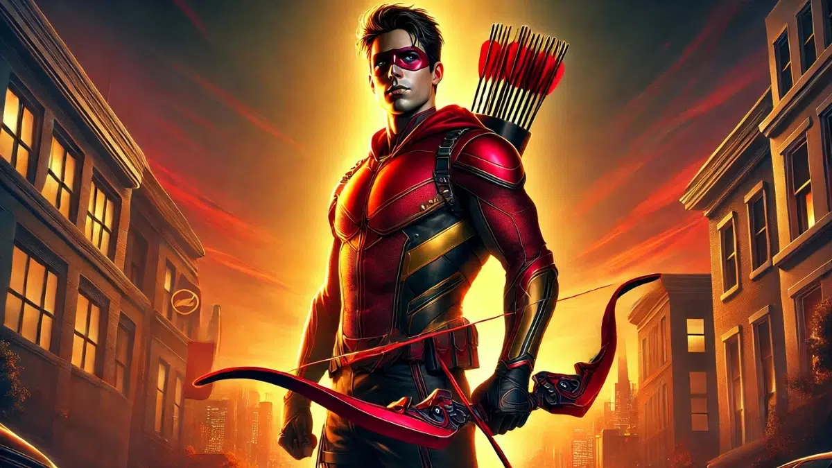 A striking digital art depiction of Roy Harper, also known as Speedy, standing confidently in a heroic pose. He wears a sleek red and gold outfit that blends classic archery gear with modern superhero design. A quiver filled with expertly crafted arrows rests on his back, and he holds a high-tech bow, ready for action. The background features a vibrant sunset or a glowing urban skyline, emphasizing his transformation from sidekick to independent hero
