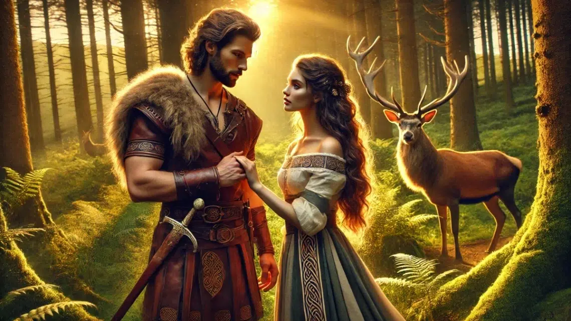 depiction of the Irish mythological love story between Sadbh and Fionn Mac Cumhaill. The scene features Fionn, a tall, rugged warrior with a commanding presence, dressed in traditional Celtic attire made of leather and wool. He is tenderly holding the hand of Sadbh, a stunning woman with long, flowing hair and a serene expression, wearing a simple yet elegant dress with subtle Celtic patterns. They stand in a lush, vibrant forest with golden sunlight filtering through the trees