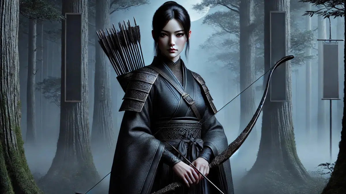 A striking portrayal of a disciplined and morally complex Japanese archer and assassin, standing in a tranquil yet ominous moonlit forest. She wears sleek, dark armour adorned with intricate traditional Japanese patterns, blending elegance with a sense of lethal precision. Her expression is calm but intense, conveying unyielding resolve. She holds a finely crafted bow in one hand, with a quiver of sharp arrows slung over her shoulder