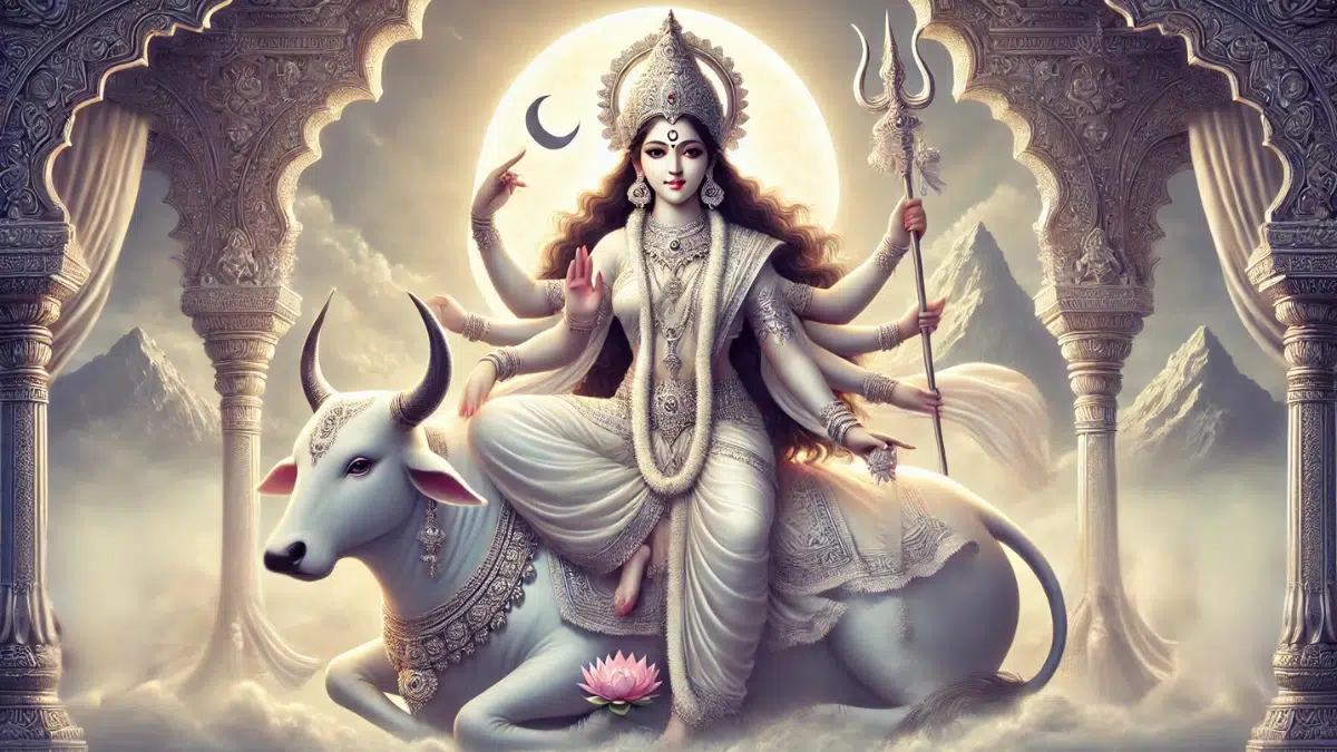 Shailaputri, the first form of Navadurga, represented as a serene and powerful goddess. She has a crescent moon on her forehead and carries a trident in one hand and a lotus in the other. Shailaputri is seated on a majestic white bull, surrounded by an ethereal mountain landscape with soft, glowing light