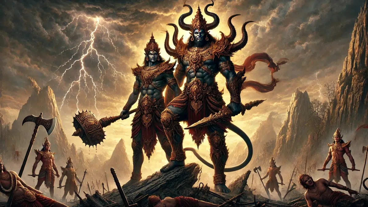Shumbha and Nishumbha, the powerful demon brothers from Hindu mythology. Shumbha is shown as a tall and muscular figure adorned with gold armour and a crown, holding a large sword. Nishumbha, equally fearsome, is slightly shorter with dark armour and a massive mace