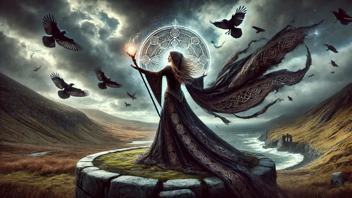 The Morrigan, a powerful goddess of war and fate from the Celtic Mythological Cycle. She stands in a dramatic, mystical setting with stormy skies and a rugged Irish landscape. The Morrigan appears in a flowing, dark cloak adorned with intricate Celtic patterns, symbolizing her connection to transformation and fate