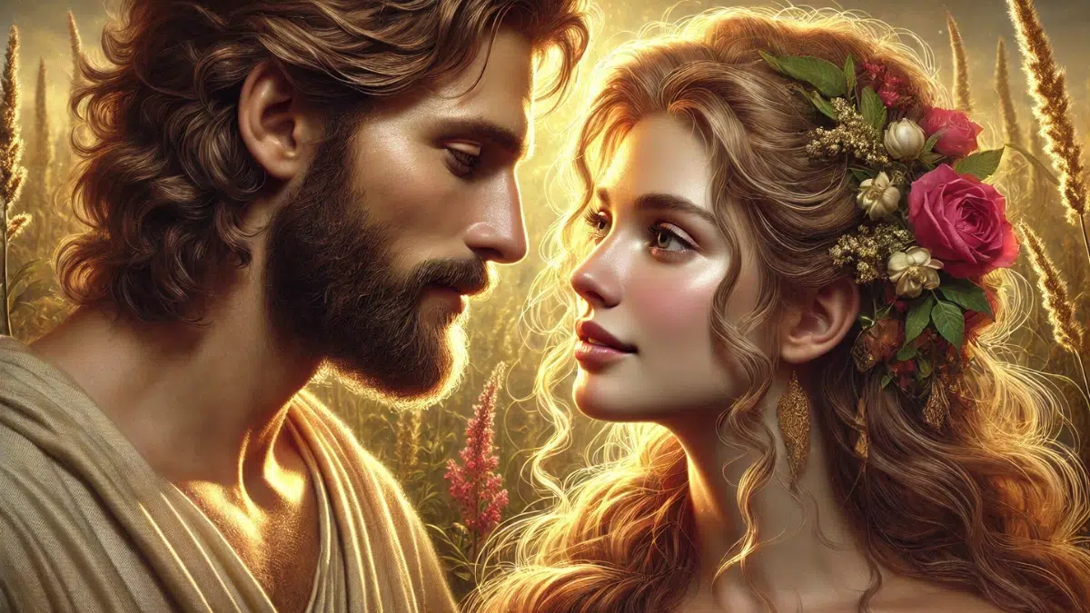 close-up depiction of Venus, the Roman goddess of love and beauty, meeting Anchises, a mortal shepherd. Venus has flowing golden hair and Anchises gazes at her