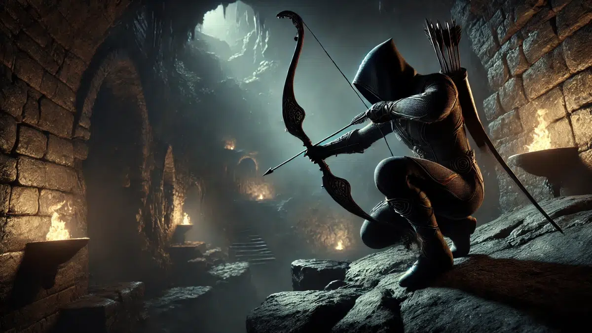 A stealthy archer crouches on a rocky ledge, shrouded in shadows, overlooking a dark and mysterious dungeon. The archer is clad in sleek, lightweight armour designed for silence, with a hood obscuring their face. They hold an intricately carved bow, an arrow nocked and ready, glinting faintly in the moonlight filtering through cracks in the cavern ceiling