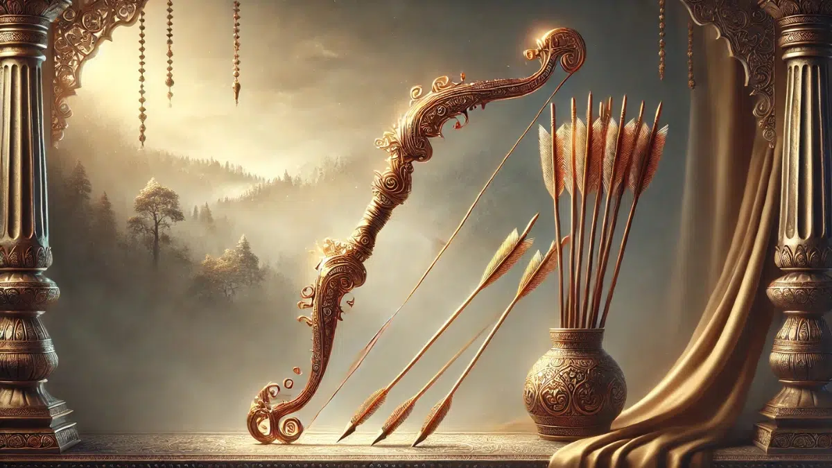 a traditional Indian bow (Dhanush) and arrows (Ban) set against a serene backdrop. The bow is intricately designed with golden embellishments, symbolizing divine strength and precision