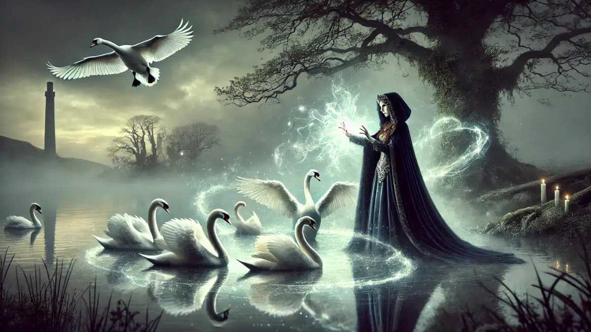 A mystical and tragic depiction of Aoife transforming Lir's children into swans using magic, inspired by the Irish myth of The Children of Lir. Aoife, a striking figure in a flowing dark cloak, casts a spell with glowing, magical energy radiating from her hands. The four children are transformed into graceful swans