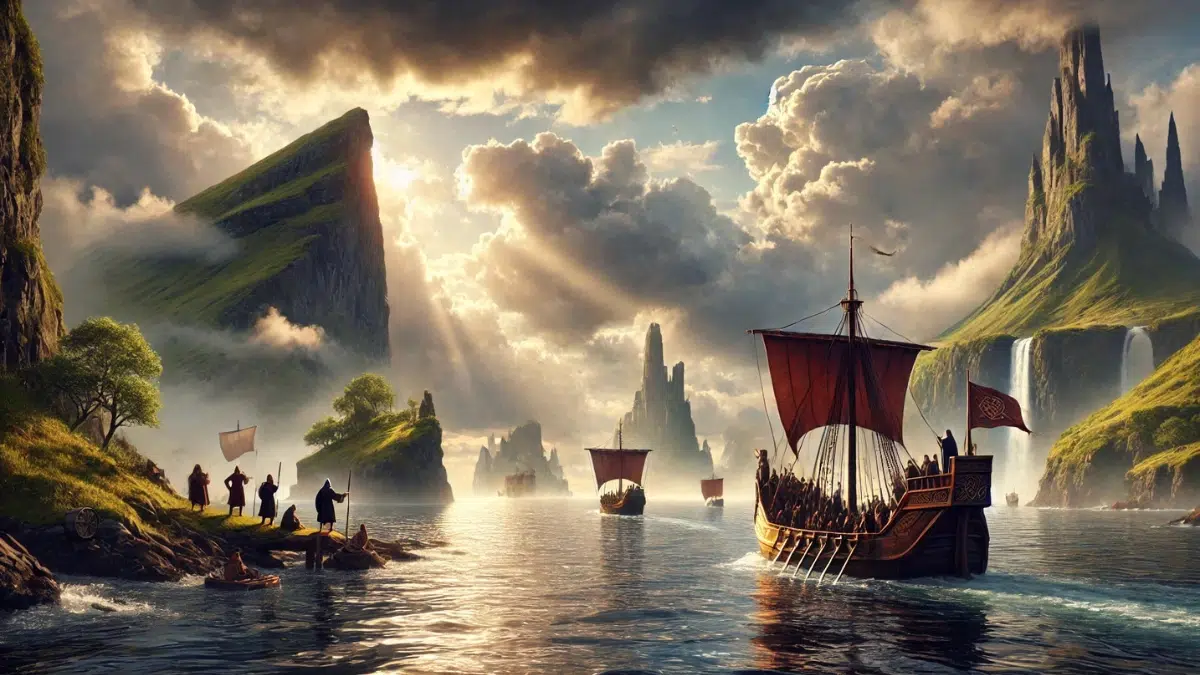 Bran and his crew journeying across the sea, encountering extraordinary islands from Irish mythology. The scene shows their wooden Celtic-style ship sailing under a dramatic sky with soft sunlight breaking through clouds