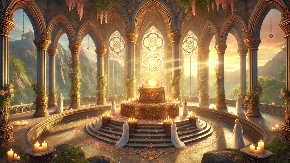A serene and radiant fantasy temple dedicated to a goddess of beauty and love, perched atop a rocky hill. The temple features elegant architecture with ornate stone pillars wrapped in flowering vines, and golden light streaming through stained-glass windows depicting divine symbols
