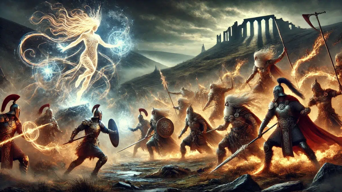 the Battle of Moytura from Irish mythology. The Tuatha Dé Danann, Ireland's divine and magical race, clash with the Fir Bolg, the land's original inhabitants. The scene captures an intense battlefield with warriors wielding glowing, mystical weapons and wearing intricate Celtic armour