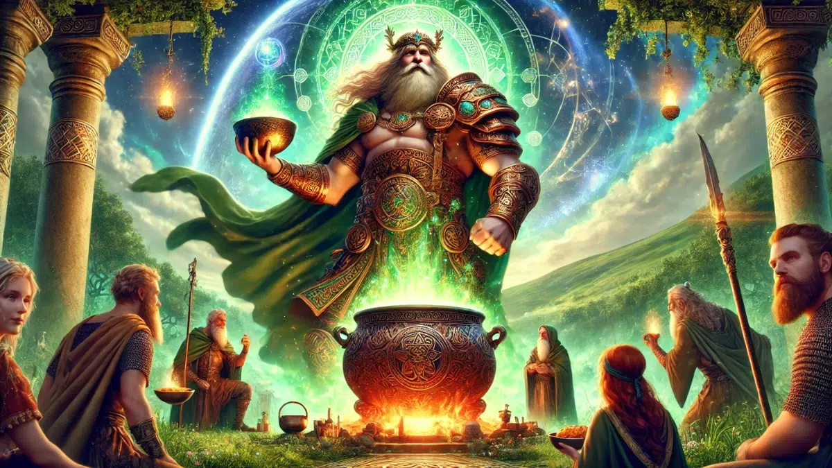 the Dagda, a chief of the Tuatha Dé Danann, showcasing his strength, wisdom, and abundance. The Dagda stands tall, wearing ornate Celtic armour and a flowing robe, holding his iconic Cauldron of Plenty. The cauldron glows with magical light, symbolizing its endless supply of food