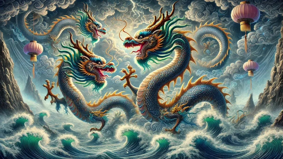 The Dragon Kings are shown as powerful dragon figures with shimmering scales in shades of blue, green, and gold. They coil gracefully through stormy clouds above a vast ocean, with waves crashing below. Their eyes glow with wisdom and authority, symbolising their control over the elements. The background features swirling mist, lightning, and vibrant water patterns, highlighting their connection to nature's power