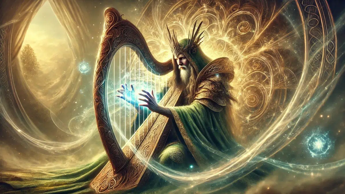 the Harp of Dagda from Irish mythology. The harp appears as a beautifully crafted, ornate instrument glowing with magical energy. It sits in the hands of the Dagda, a regal figure wearing intricate Celtic robes and armour