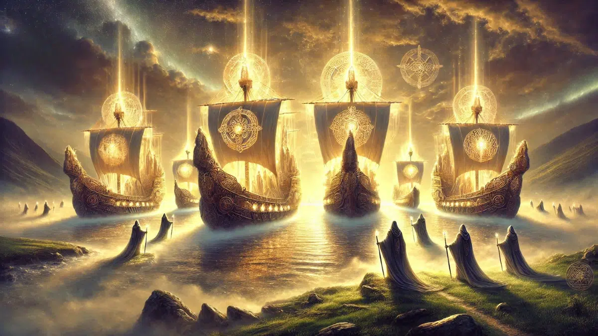 the Tuatha Dé Danann arriving in Ireland on magical ships. The scene shows large, ornate ships glowing with an otherworldly light, floating on a calm sea surrounded by mist. The figures of the Tuatha Dé Danann stand majestically on the decks, radiating divine power and wearing intricate Celtic armour and robes