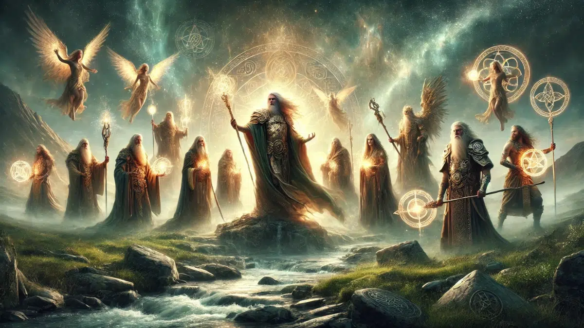 the Tuatha Dé Danann, a magical race with incredible powers from Irish mythology. The scene shows a group of divine figures standing on a lush, mystical landscape with glowing light and natural elements like rivers, hills, and ancient Celtic stonework