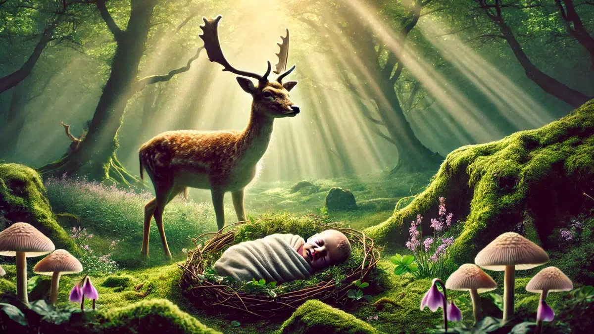 emotional scene from Irish mythology depicting the birth of Oisín, connecting the mortal world to the magical. Sadhbh, a graceful deer with a sorrowful yet nurturing gaze, stands protectively over her newborn son, Oisín, in a lush, mystical forest. The infant, wrapped in soft, natural fabrics, lies safely among mossy ground and wildflowers, symbolizing the blend of the mortal and magical realms