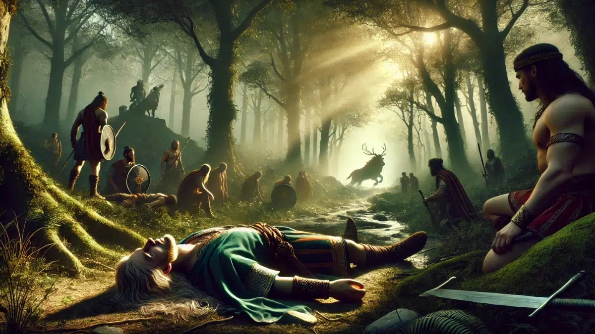 the death of Fionn mac Cumhaill from Irish mythology. Fionn lies gravely wounded in a serene yet sorrowful forest clearing, his legendary figure clad in traditional Irish warrior attire. His loyal warriors, the Fianna, gather around him, their faces a mix of grief and reverence