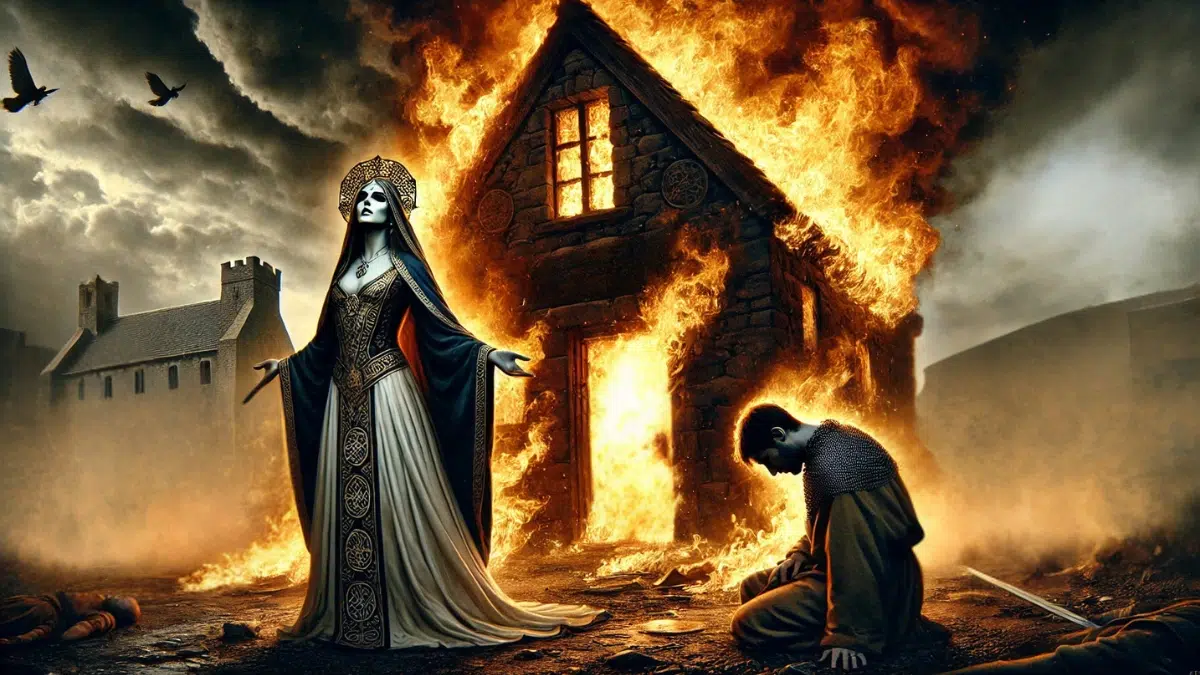 Sin, a woman skilled in magic and deception, standing outside a blazing house and a man sits intoxicated and defenseless outside the fiery building