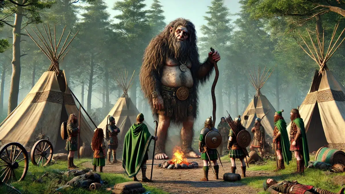 Fionn mac Cumhaill and the Fianna encountering the strange giant Giolla Deacair. Fionn, a commanding figure in traditional Irish warrior attire, stands surrounded by his loyal Fianna warriors near a camp in a lush green forest clearing. Giolla Deacair, a peculiar and towering figure, appears disheveled, with an oversized body and a lazy demeanor, leaning on a staff with a sly expression