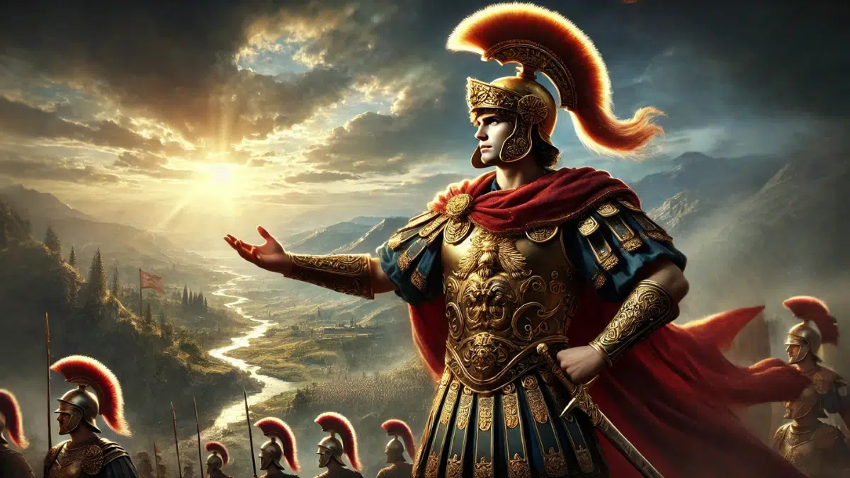 A majestic and historically inspired depiction of Alexander the Great, one of history's greatest conquerors. He is shown standing confidently, wearing a golden helmet adorned with a plume, a royal cloak, and detailed armor, symbolizing his authority and leadership. He holds a sword in one hand and gestures toward a distant horizon with the other, indicating his vision of expanding his empire