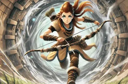 Aloy in an anime-inspired style, running through a mysterious portal with her bow in hand has very pale green-brown eyes, with her long, light auburn-brown hair and wears her iconic outfit, including a fur-lined, sleeveless tunic, sturdy pants, leather bracers, gloves, and high boots. with the portal swirling vortex of blue and white energy