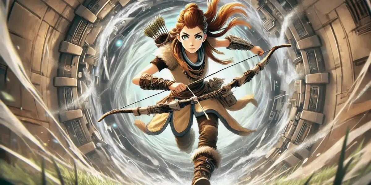 Aloy in an anime-inspired style, running through a mysterious portal with her bow in hand has very pale green-brown eyes, with her long, light auburn-brown hair and wears her iconic outfit, including a fur-lined, sleeveless tunic, sturdy pants, leather bracers, gloves, and high boots. with the portal swirling vortex of blue and white energy