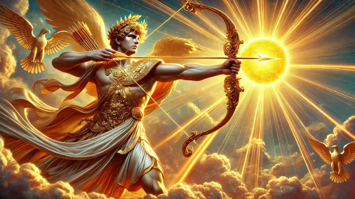 Apollo, the Greek sun god, firing a glowing golden arrow. Apollo stands tall with a radiant aura, his golden bow drawn and aimed toward the horizon
