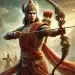 Arjuna with his Gandiva bow stands holding the intricately designed bow, dressed in traditional warrior attire, the background features an epic battlefield, the bow radiates with a divine aura, emphasizing its significance