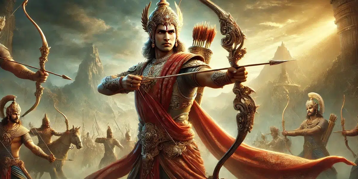 Arjuna with his Gandiva bow stands holding the intricately designed bow, dressed in traditional warrior attire, the background features an epic battlefield, the bow radiates with a divine aura, emphasizing its significance