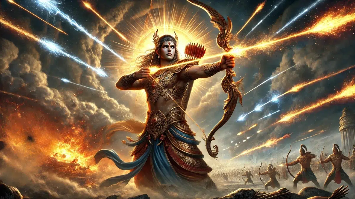 Arjuna, the legendary archer from Indian mythology, wielding celestial arrows gifted by the gods. Arjuna stands heroically on a battlefield, holding a glowing bow with a celestial arrow, the Narayanastra, radiating fiery energy