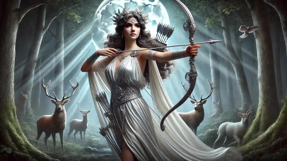 Artemis, the Greek goddess of the hunt, holding a silver bow and arrow. Artemis stands gracefully in a moonlit forest, with soft beams of moonlight shining down through the trees. She is dressed in a flowing, silver-accented tunic, with a quiver of silver arrows on her back