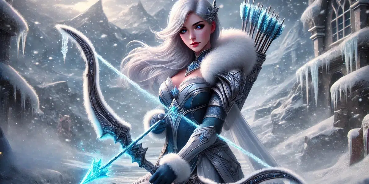 Ashe stands confidently in the snowy, icy terrain of the Freljord, her blue and white armour intricately designed with fur-lined accents for warmth. She holds her magical True Ice bow, which glows faintly with icy energy. Her pale skin, sharp features, and piercing blue eyes reflect her calm and determined personality