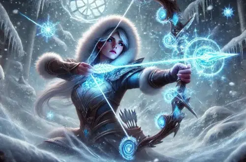 Ashe from League of Legends, firing her enchanted frost arrows. Ashe stands in a snowy battlefield, surrounded by icy terrain and glowing frost effects. Her bow shines with magical blue energy as she draws back an arrow shimmering with frost enchantments