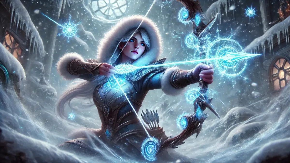 Ashe from League of Legends, firing her enchanted frost arrows. Ashe stands in a snowy battlefield, surrounded by icy terrain and glowing frost effects. Her bow shines with magical blue energy as she draws back an arrow shimmering with frost enchantments