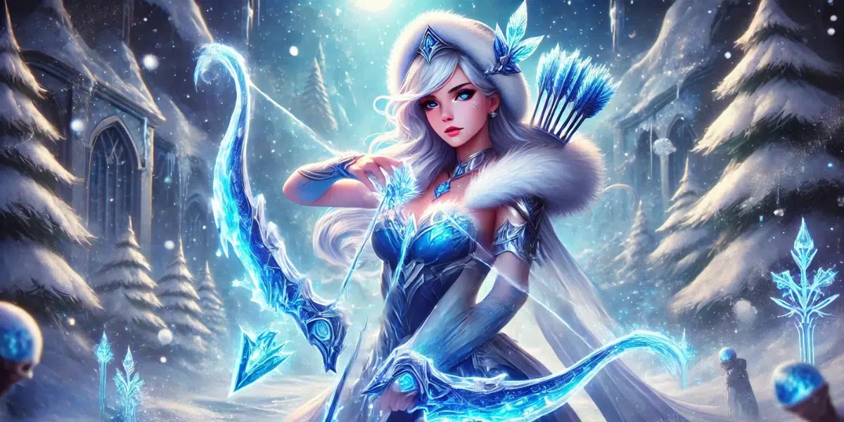 Ashe stands poised in a snowy, icy landscape, holding her glowing magical bow made of True Ice. Ashe's elegant and calm demeanour is highlighted by her blue and white icy-themed armour and flowing cape