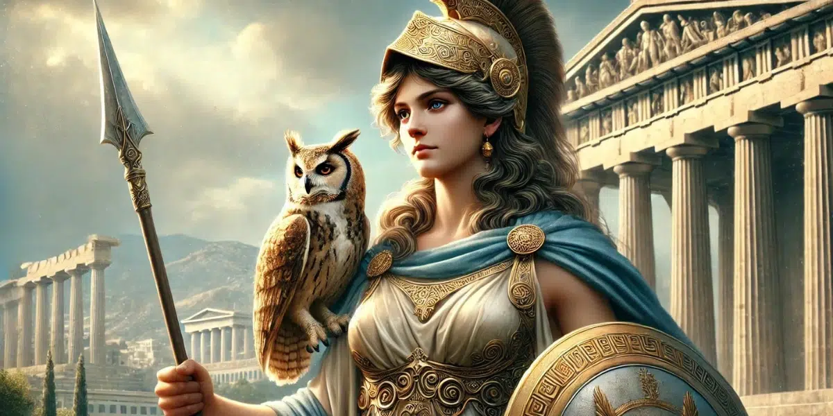 Athena, the Goddess of Wisdom, depicted as a powerful and wise figure. She stands tall with a confident presence, holding a shield in one hand and a spear in the other. Athena has a calm and intelligent expression and is dressed in flowing, ancient Greek robes with armor. An owl, her sacred animal, sits on her shoulder, symbolizing wisdom. The background features the Parthenon, a grand temple in Athens, with a bright sky. The overall scene conveys Athena's strength, wisdom, and protective nature, portrayed in a realistic manner.